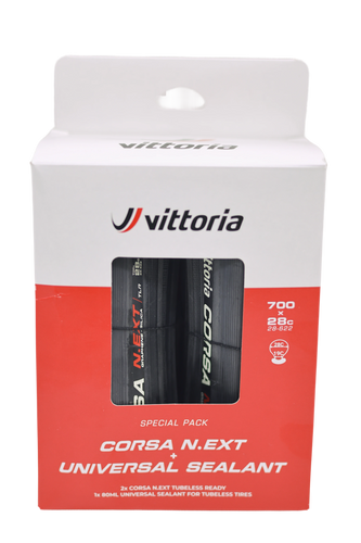 Vittoria 2x Corsa N.Ext Tubeless Ready 700C x 28 Road Tyre with 80ml Sealant Bundle