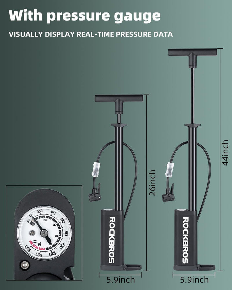 Load image into Gallery viewer, ROCKBROS Bike Pump with Gauge 160psi Bike Floor Pump with Both Presta and Schrader Valves ‎42310007001
