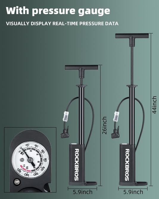 ROCKBROS Bike Pump with Gauge 160psi Bike Floor Pump with Both Presta and Schrader Valves ‎42310007001